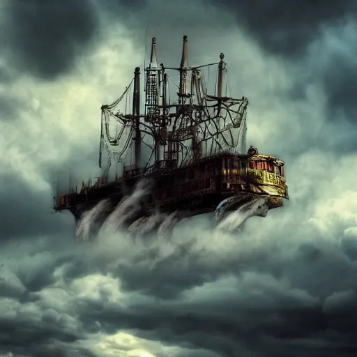 Image similar to cinematic shot epic portrait a steam punk ship flying in the clouds, hyper realistic, mood lighting, fantasy, detailed face, highly detailed, super realistic, perfect lighting