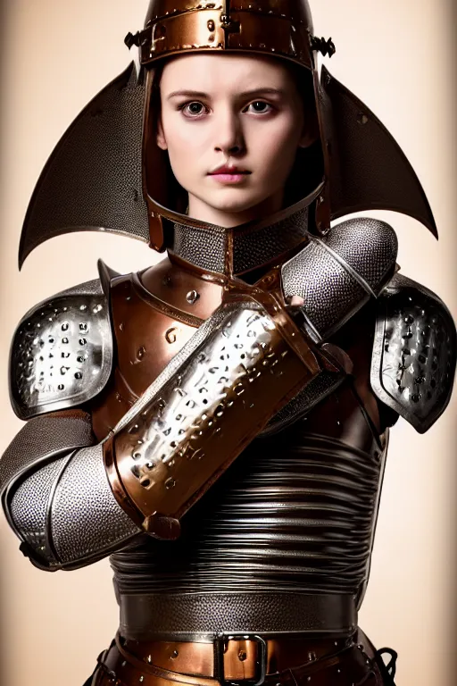 Image similar to female medieval knight, brown hair, by louis vuitton, luxury materials, symmetrical, cinematic, elegant, professional studio light, real dlsr photography, sharp focus, 4 k, ultra hd, sense of awe, high fashion