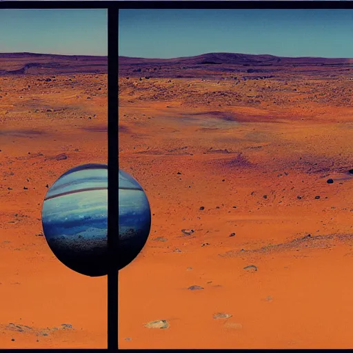 Image similar to mars landscape, surreal, in the form of a triptych, astronaut standing in the middle waving the samoa flag