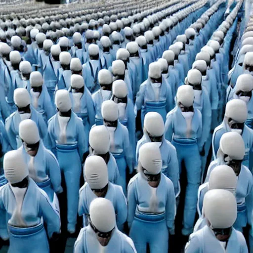 Image similar to army of identical athletic female clones in formation, white hair, tight light blue neopren suits, in rows, futuristic chemistry lab, sci - fi, highly detailed, cinematic