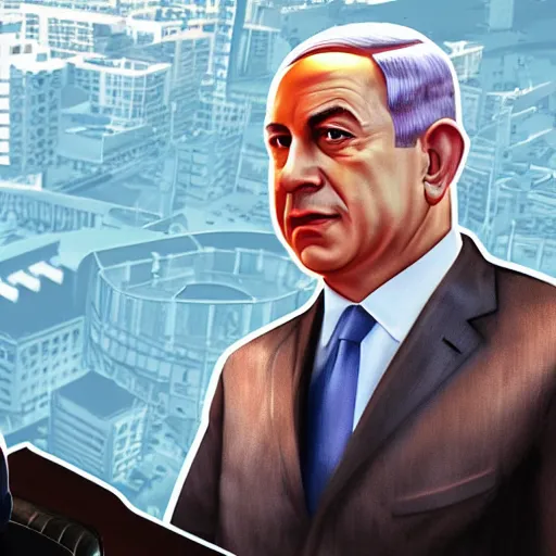 Prompt: Benjamin Netanyahu as a GTA loading screen