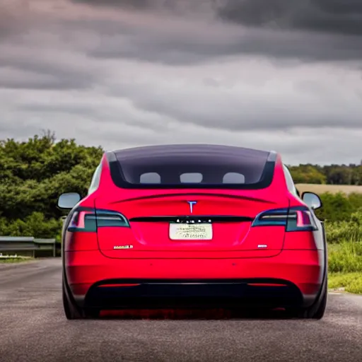 Prompt: A red Tesla Model S rolling coal