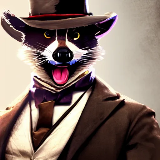Prompt: A person with a raccoon head, tongue sticking out, neck visible, mouth closed, wearing a white tuxedo, artstation, red dead redemption 2