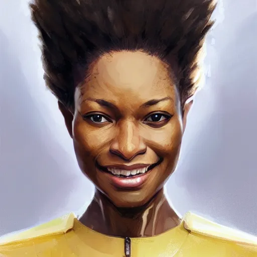 Prompt: Portrait of a woman by Greg Rutkowski, she is about 30 years old, mulato, afro hair, attractive, beautiful smile, beautiful look, she is wearing a futuristic lawyer outfit, highly detailed portrait, scifi, digital painting, artstation, concept art, smooth, sharp foccus ilustration, Artstation HQ