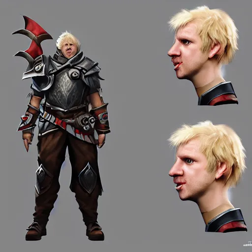 Image similar to character sheet of boris johnson as leage of legend hero, with a backgroud based on the game league of legends, 3d render, octance render, trending on artstation, ultra realistic, highly detailed, unreal engine 5