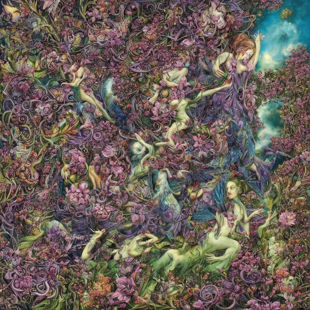 Image similar to wimmel bild by hannah yata, fairy creatures, surrealism, nature,