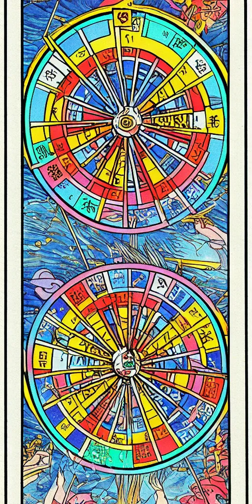 Prompt: Wheel of Fortune tarot card by a famous anime artist, clean and sharp lines, minimalistic, taoist