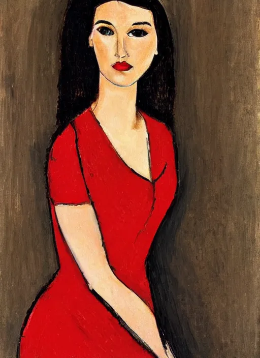 Prompt: portrait of Gal Gadot in red dress by Modigliani