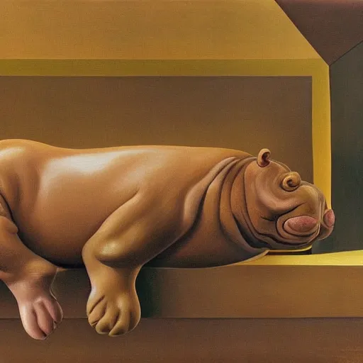 Prompt: A humanoid hippo wearing a towel sitting in a steamy sauna, hyperrealisim, oil painting by Salvador Dali