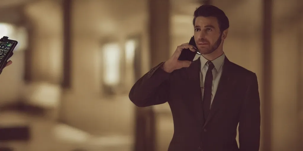 Image similar to a man wearing a dark brown suit, holding an old phone, cinematic, underexposed lighting, shot on arri alexa
