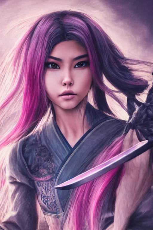 Prompt: highly detailed beautiful photo of madison beer as a young female samurai, practising sword stances, symmetrical face, beautiful eyes, pink hair, realistic anime art style, 8 k, award winning photo, pastels colours, action photography, 1 / 1 2 5 shutter speed, sunrise lighting