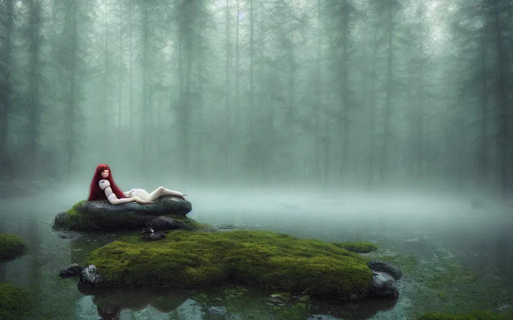 Prompt: little mermaid lying on a rock in a pond in the middle of the forest, fir trees, moss, fog, dramatic atmosphere, highly detailed, cinematic lighting, perfect composition artem demura