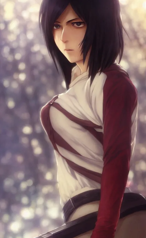 Image similar to mikasa ackerman, hero pose, medium shot, bokeh, beautiful face!!!!, 2 7 years old, cg animation, lifelike, animated, realistic, character select portrait, by artgerm, greg rutkowski, alphonse mucha, 3 d