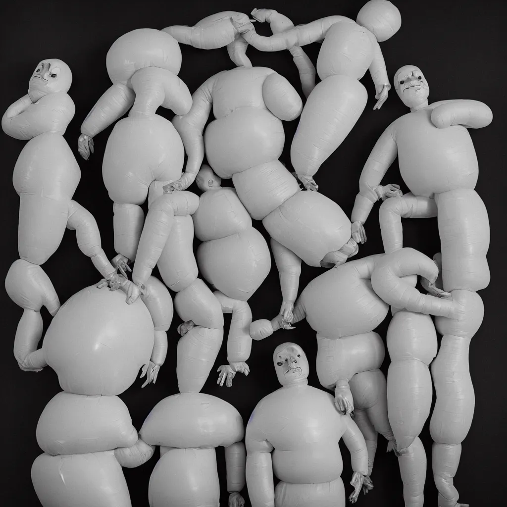 Image similar to conjoined triplets inflated to the size of cows. they are compressed into a perspex cube. they are being observed by a man. a man who has the torso of a horse inside his skull. this is the future. the year is 3 9 0 0. 3 5 mm film, art gallery with beautiful lighting. photographic masterpiece.