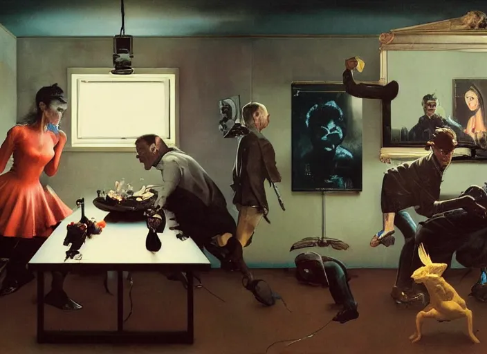Prompt: a still from the tv series black mirror by francis bacon, surreal, norman rockwell and james jean, greg hildebrandt, and mark brooks, triadic color scheme, by greg rutkowski, in the style of francis bacon and syd mead and edward hopper and norman rockwell and beksinski, dark surrealism, open ceiling