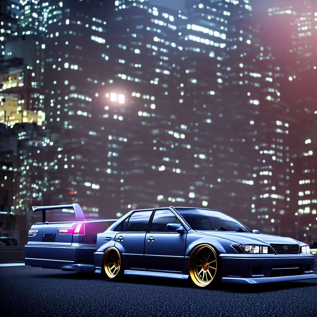 Image similar to zoom on car JZX100 twin turbo drift parked, Tokyo prefecture, Japanese architecture, city sunset mist lights, cinematic lighting, photorealistic, detailed alloy wheels, highly detailed, photoshoot