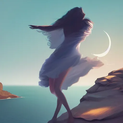 Prompt: a painterly illustration of a woman standing on a cliff edge reaching out to the moon and touching it with her hand, octane render, digital, painting, halo, masterpiece