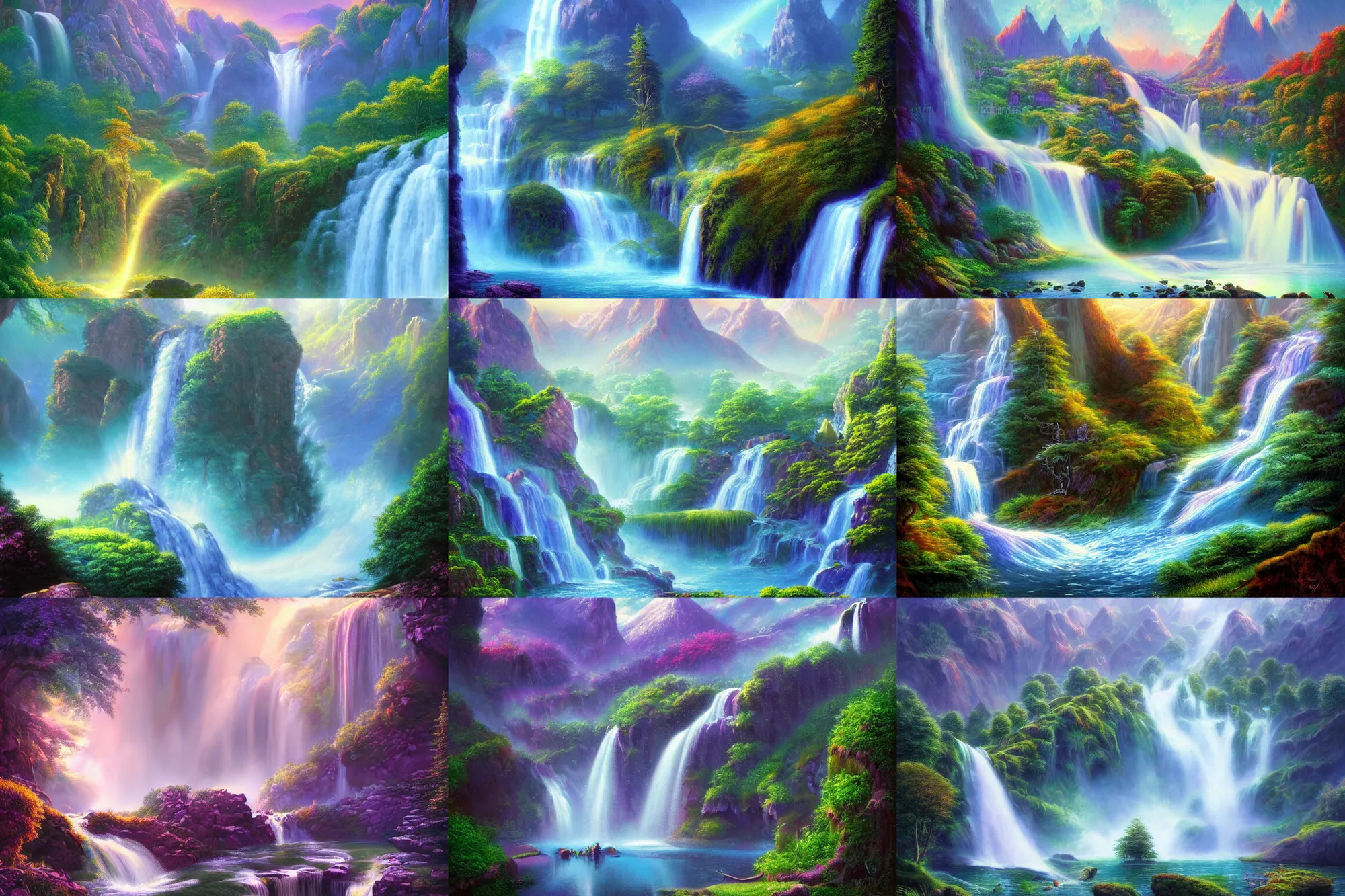 Prompt: Mystical land where waterfalls are made of iridescent liquid and mountains of crystalline Majesty by Gilbert Williams, detailed, stylized, 4k hd illustration, Artstation