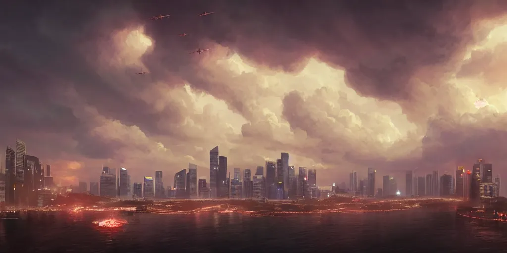 Prompt: Singapore city with a lion-shaped cloud in the sky and a squadron of chinooks flying in the sky, by greg rutkowski, red and white lighting, digital art, ultra realistic, ultra detailed, photorealistic, 4k, character concept