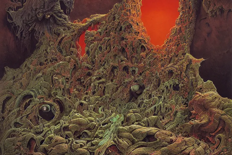 Prompt: the chasm, fluid, smooth, organic, crazy, bright, colours, tumours, high contrast, sharpness, dramatic, very detailed, intricate, by giger and corben and moebius and beksinski and bosch and bacon