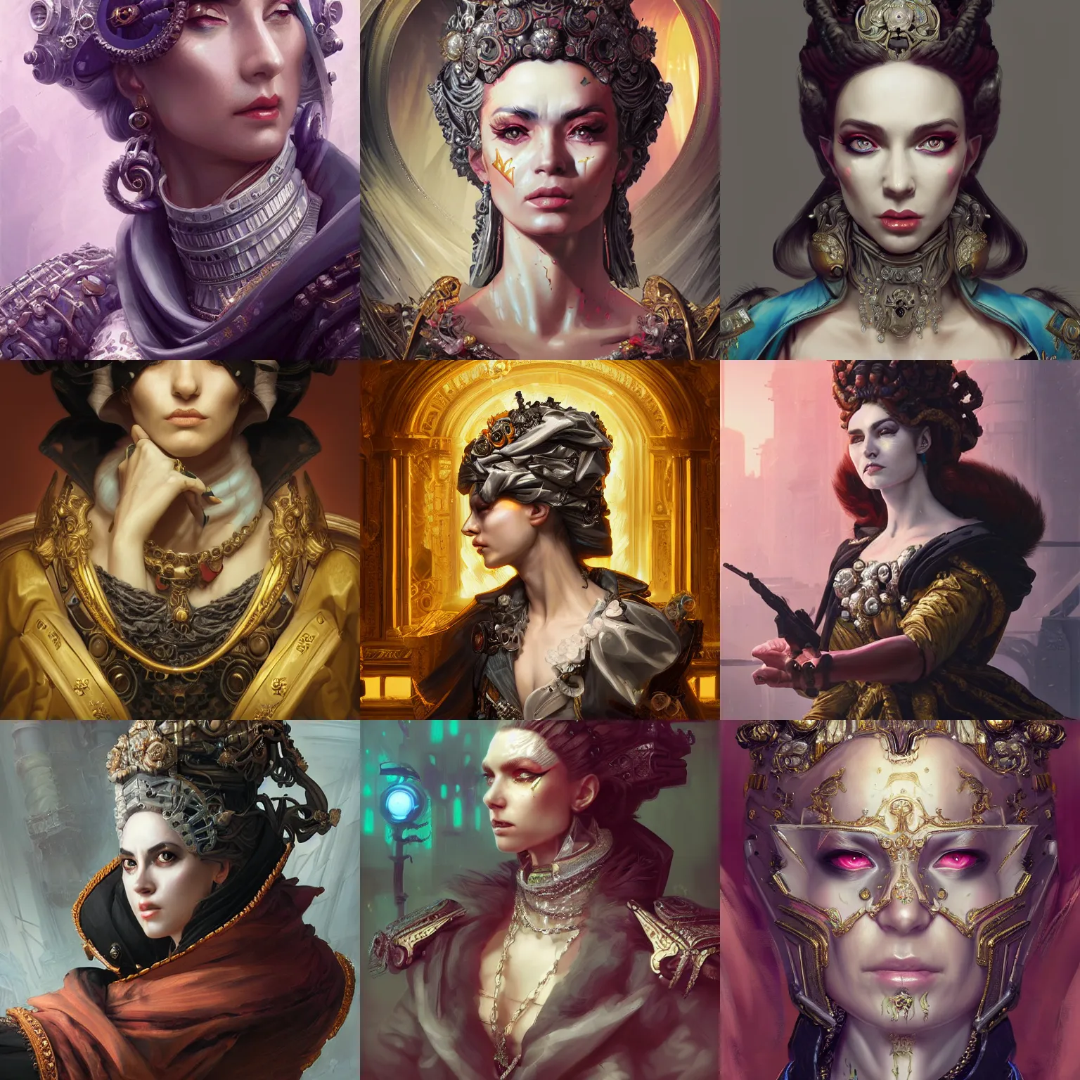 Prompt: baroque rococo cyberpunk empress, portrait, highly detailed, digital painting, trending on artstation, concept art, sharp focus, illustration, art by artgerm and greg rutkowski and magali villeneuve