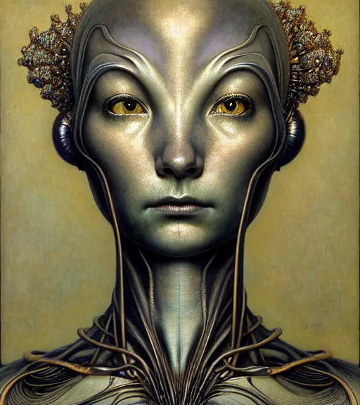 Image similar to detailed realistic beautiful young bjork alien robot as queen of mars face portrait by jean delville, gustave dore and marco mazzoni, art nouveau, symbolist, visionary, gothic, pre - raphaelite. horizontal symmetry by zdzisław beksinski, iris van herpen, raymond swanland and alphonse mucha. highly detailed, hyper - real, beautiful