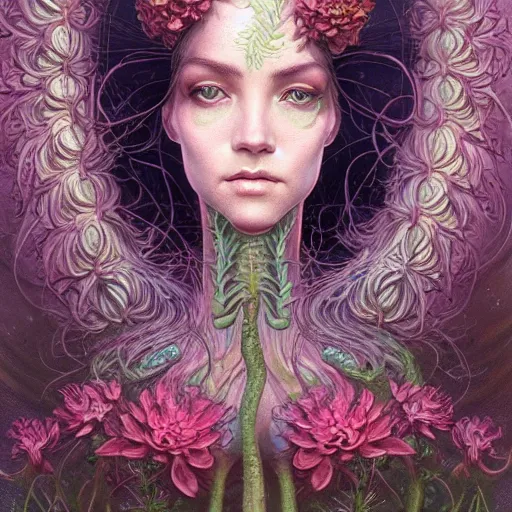 Prompt: a beautiful detailed front view portrait of a woman with ornate growing around, ornamentation, flowers, elegant, beautifully lit, by wayne barlowe, peter mohrbacher, kelly mckernan,