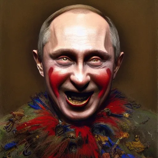 Image similar to vladimir putin, is a jester, circus performance, have red clown nose, fantasy 3 d render, masterpiece, by donato giancola and greg rutkowski and wayne barlow and zdzisław beksinski, realistic face