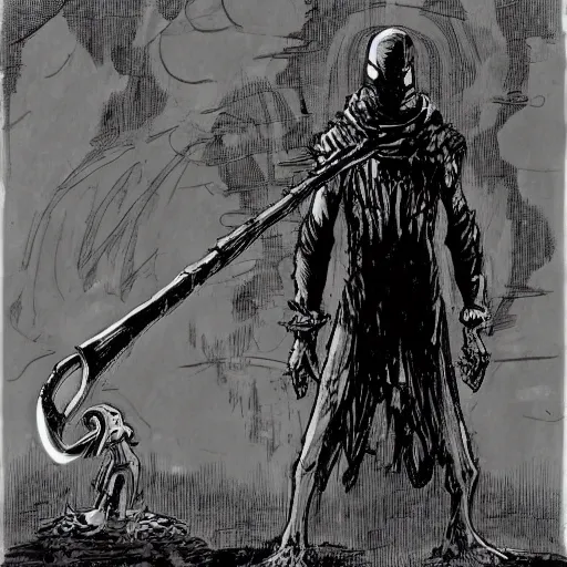 Prompt: squidward as a dark souls boss by Wally Wood