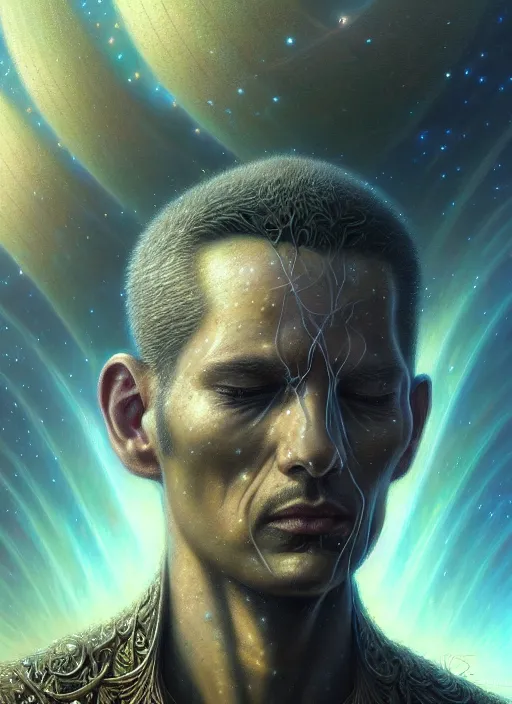 Prompt: closeup portrait shot of a male meditation in cosmic galaxy in a scenic dystopian environment, intricate, elegant, highly detailed, centered, digital painting, artstation, concept art, smooth, sharp focus, illustration, artgerm, tomasz alen kopera, peter mohrbacher, donato giancola, joseph christian leyendecker, wlop, boris vallejo