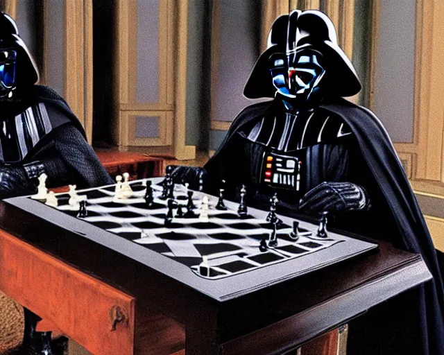 Image similar to darth vader playing chess with a witch lord voldemort