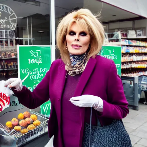 Image similar to a beautiful portait for joanna lumley selling eggs outside a co - operative store during world war 4, epic, beautiful, monumental, 4 k, mexican, victorian,