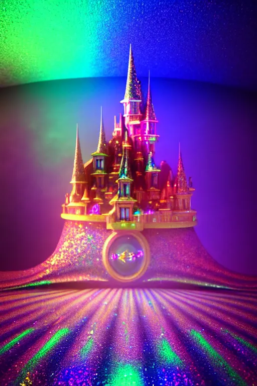 Image similar to iridescent holographic multicolored glitter fantasy castle in space, hyper realistic, ambient lighting, concept art, intricate, hyper detailed, smooth, dynamic volumetric lighting, octane, raytrace, cinematic, high quality, high resolution, 4 k, artstation