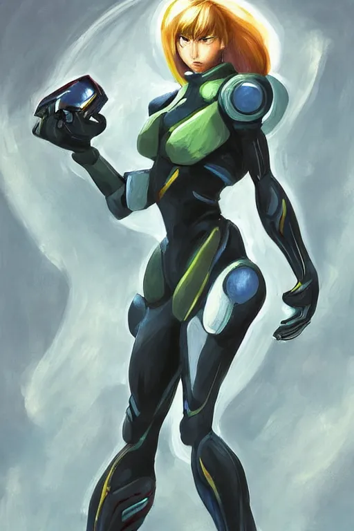 Prompt: samus from metroid painting, thick brush strokes, black outline, dynamic pose, beautiful, artstation