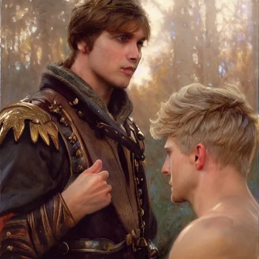 Image similar to attractive male, arthur pendragon who has blond hair confesses his love to attractive male, merlin who has dark hair. highly detailed painting by gaston bussiere, craig mullins, j. c. leyendecker 8 k