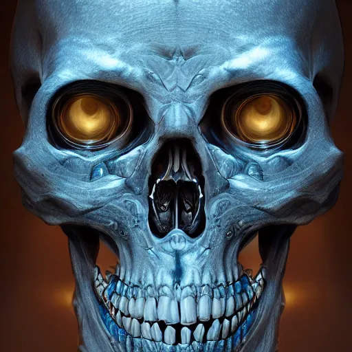 Prompt: hyperdetailed skeleton head with blue human eyes, human eyes, symetry, golden ratio, intricate, detailed, volumetric lighting, scenery, digital painting, highly detailed, artstation, sharp focus, illustration, detailed vectorart