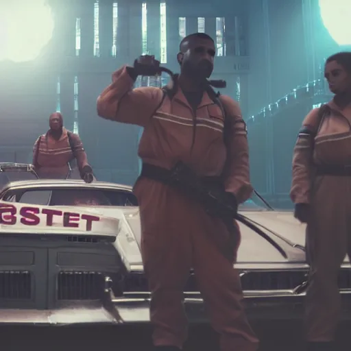 Image similar to kanye west in ghostbusters game, splash art, movie still, cinematic lighting, dramatic, octane render, long lens, shallow depth of field, bokeh, anamorphic lens flare, 8 k, hyper detailed, 3 5 mm film grain
