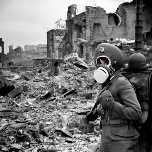 Prompt: apocalyptic disney characters wearing gas masks, war zone destroyed roman buildings in the background landscape , 1940s film photography