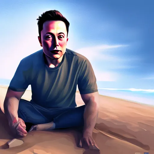 Prompt: elon musk chilling on the beach,digital art,detailed face,artstation,deviantart