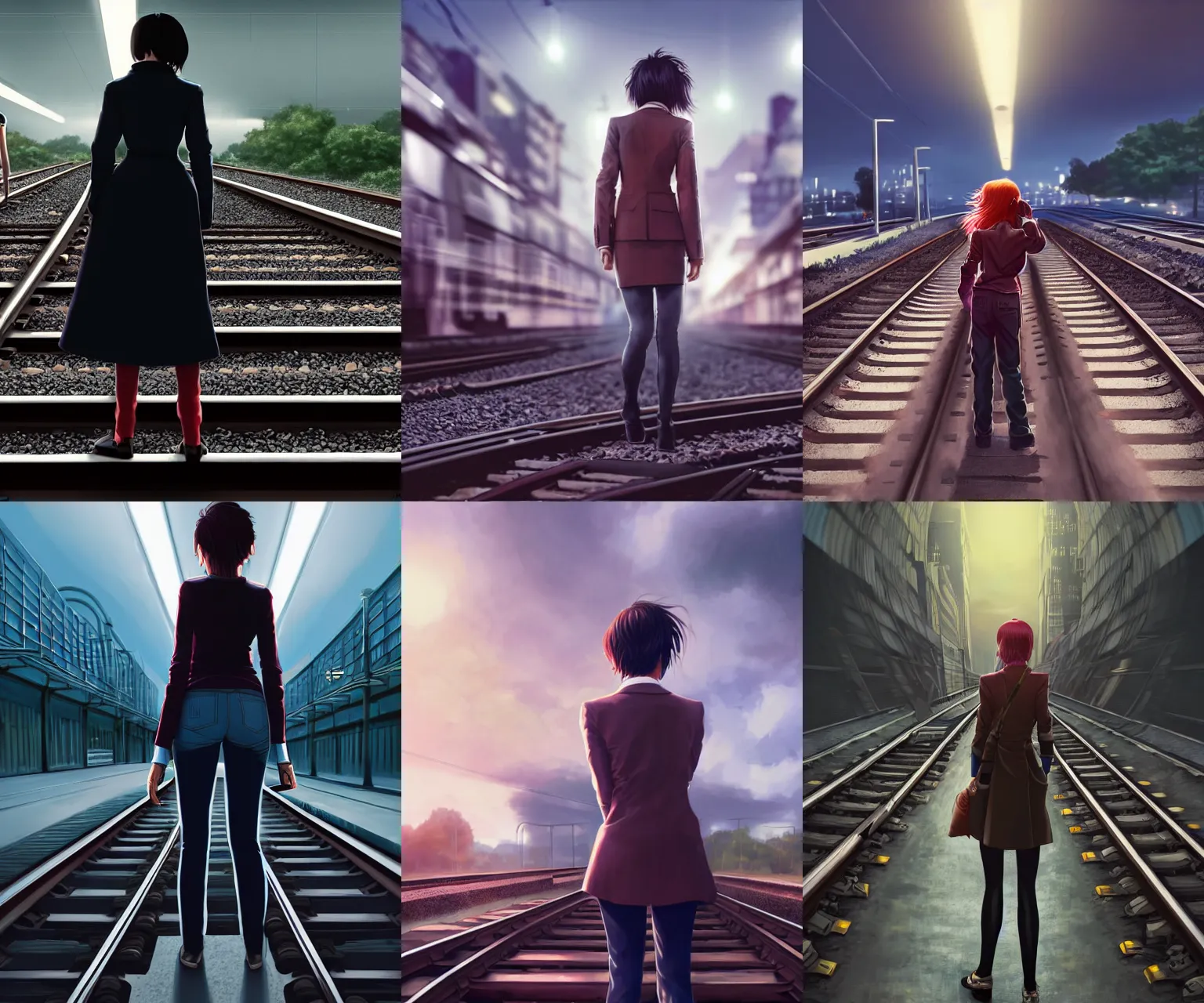 Prompt: behind shot of a woman standing on a train track, cinematic lighting, artstation, trending, highly detailed, focus, smooth, by hirohiko araki and yoshitaka amano