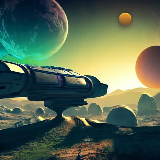 Image similar to a dreamy digital render of a spaceship in a bizarre planet. cinematic lighting. hyper realistic. 8k. detailed. no mans sky H-350 W-350