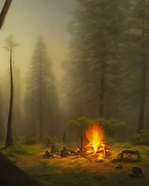 Prompt: a beautiful painting of a round sweat lodge hut in a forest near a campfire, matte painting, trending on artstation, art by christophe vacher