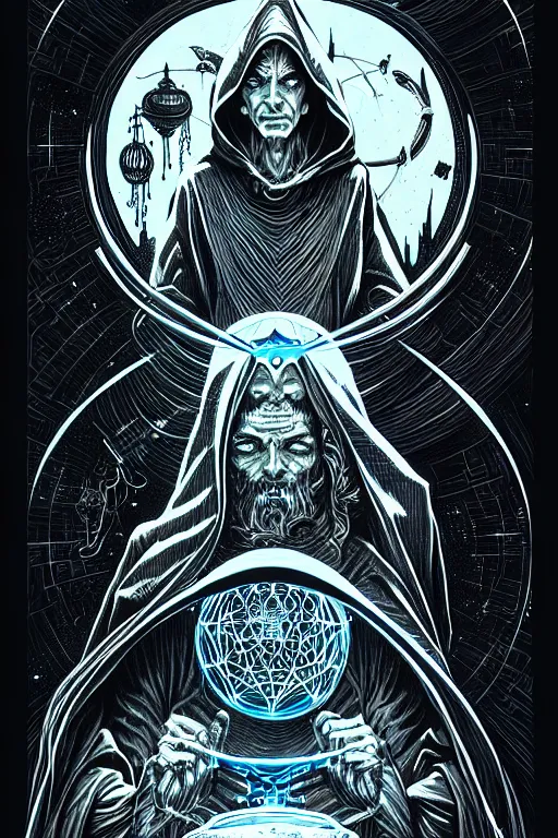 Prompt: cloaked ancient alchemist wizard casting a spell, high details, lineart, by vincent di fate and joe fenton,, inking, screen print, masterpiece, trending on artstation, sharp, high contrast, hyper - detailed, hd, 4 k, 8 k