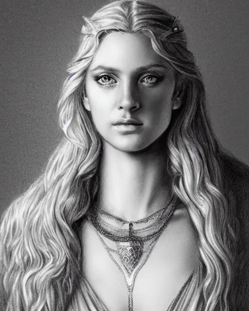 Image similar to pencil drawing of a beautiful greek goddess aphrodite with arrowhead jewelry, beautiful piercing eyes, beautiful blonde hair, hyper realistic face, in the style of greg rutkowski, fantasy, amazing detail, epic, elegant, smooth, sharp focus, from the front