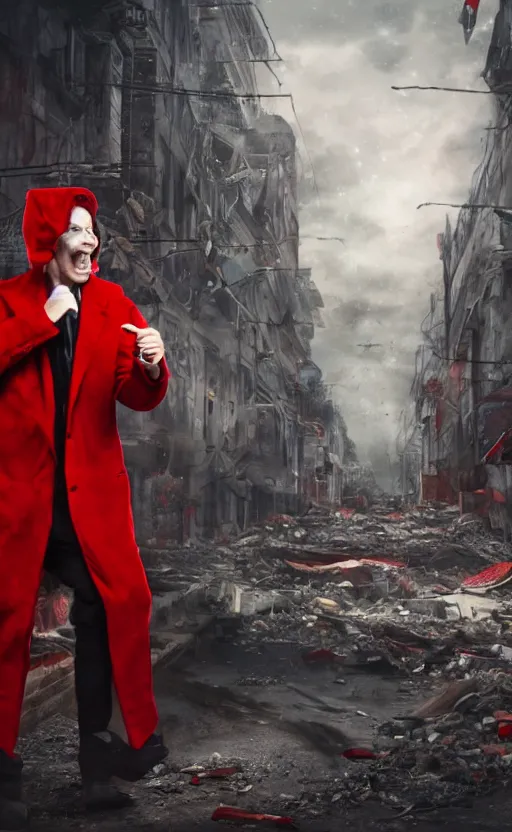 Prompt: cinematic scene of a comedian in red coat performing comedy show on dead bodies in streets of an apocalyptic metropolis destroyed after war, fantasy art, dramatic lighting, insane details