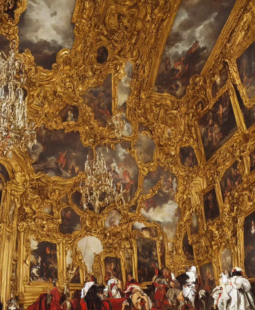 Image similar to fine art, oil on canvas baroque style by diego velasquez. the interior of the palace of versailles in france. fine art in the walls and