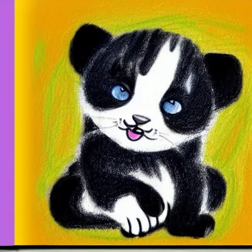 Image similar to child drawning of a cute kitten with panda body and cat face, crayon