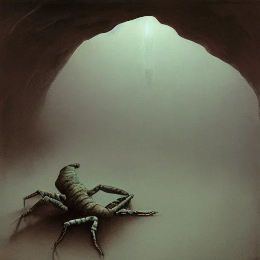 Image similar to scorpion in cave, Crystal, dark by zdzisław beksiński