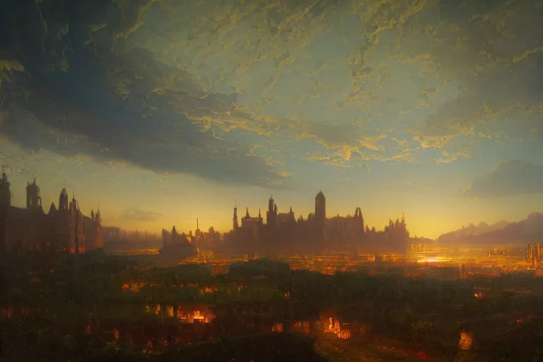 Image similar to a beautiful oil painting of a renaissance city in a serene landscape at night under the horizon line in the upper third by john howe and albert bierstadt and alena aenami and dan mumford and dave noton, unreal engine, trending on behance