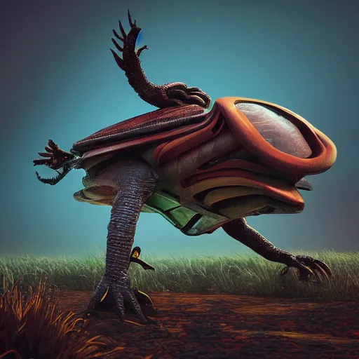 Image similar to a bird turtle tractor hybrid creature monster with metal scales feathers, rich diverse lush alien world, dramatic lighting, in the style of national geographic, illustration, octane render